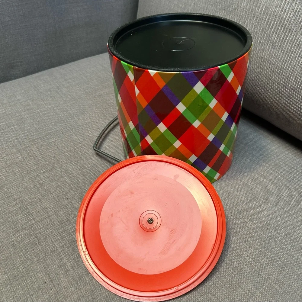 60-70’s Vintage Mod Retro Plaid Vinyl Ice Bucket MCM #10012510